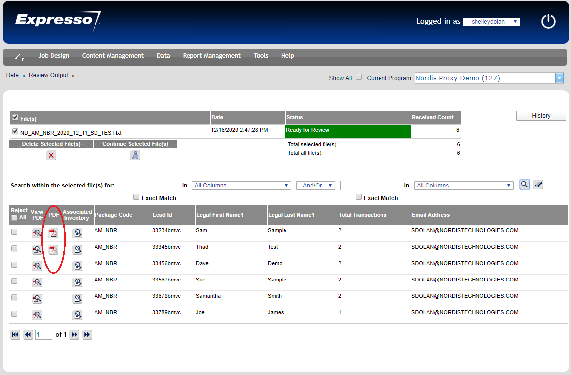 review output screen in Expresso